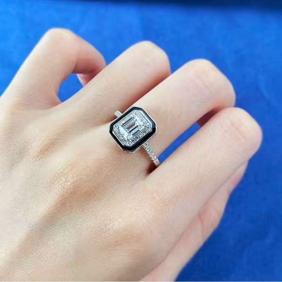 S925 Sterling Silver Black Enamel Square Cubic Zirconia Ring Statement Piece - Picture 7 of 12